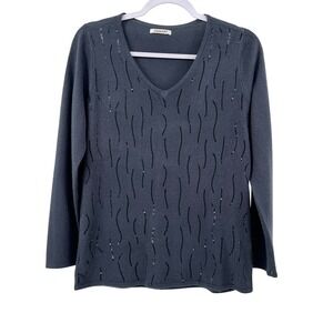 Damart Womens V-Neck‎ Sequin Embellished Sweater Charcoal Blue Size Small 6/8